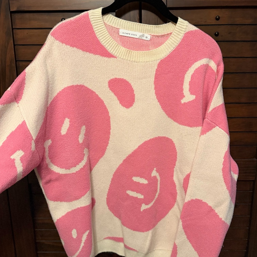 Altar'd State Pink and Cream Smiley Sweater